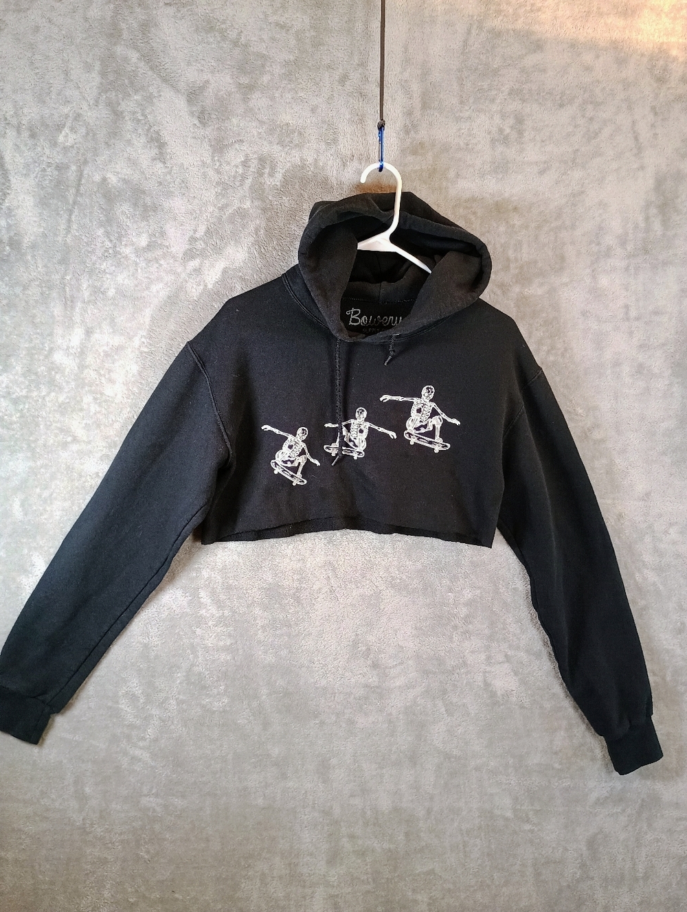Bowery Black Cropped Hoodie with Skeleton Design Small